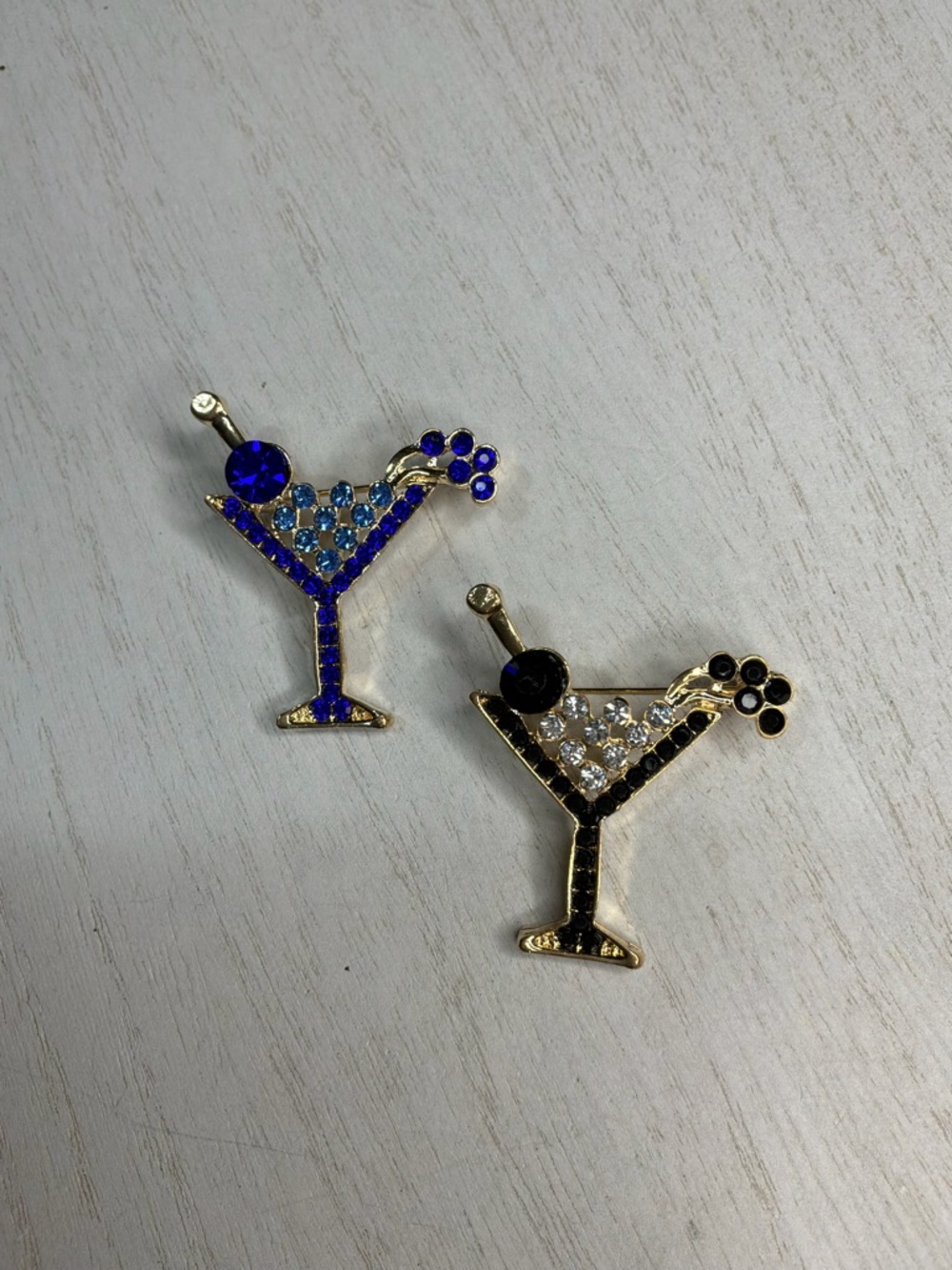 Gold-Tone Martini Brooch Setin Blue & Black Crystal Accents